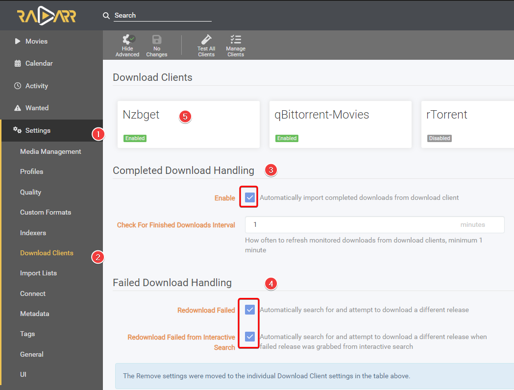 !Radarr: Settings => Download Clients