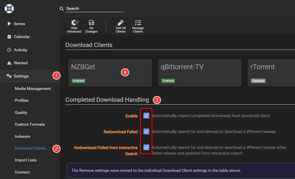!Sonarr: Settings => Download Clients